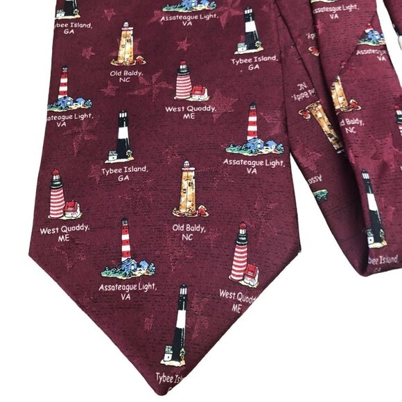 Tango by Max Raab Tie Americana Series Lighthouses Silk USA Necktie Burgandy EUC - Picture 2 of 5